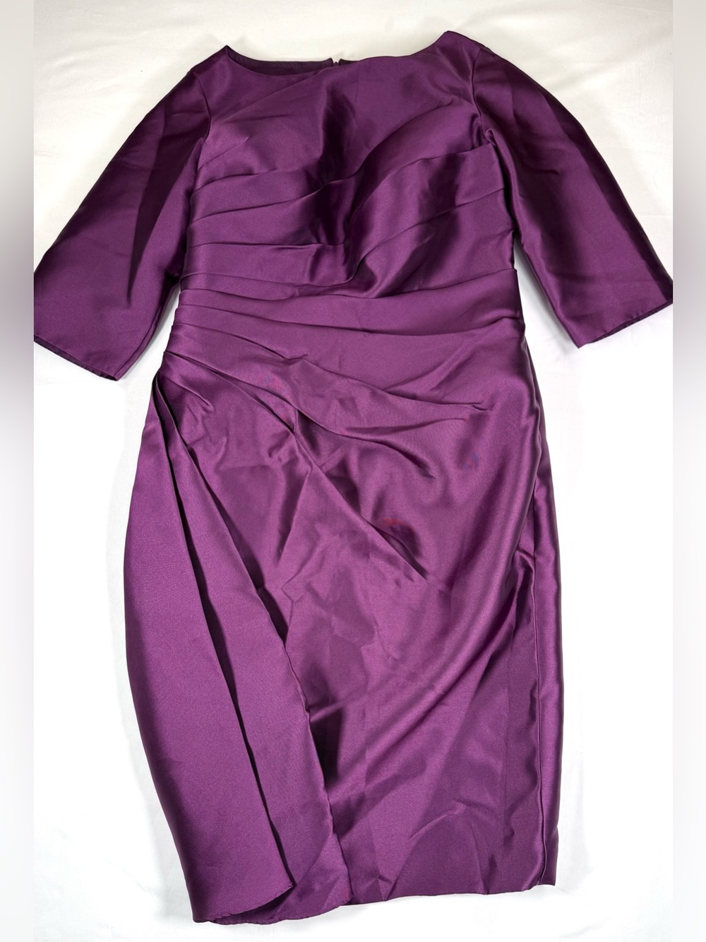 TS COUTURE Women Satin Ruched Midi Dress L Sculpted Formal Wedding Guest Elegant
